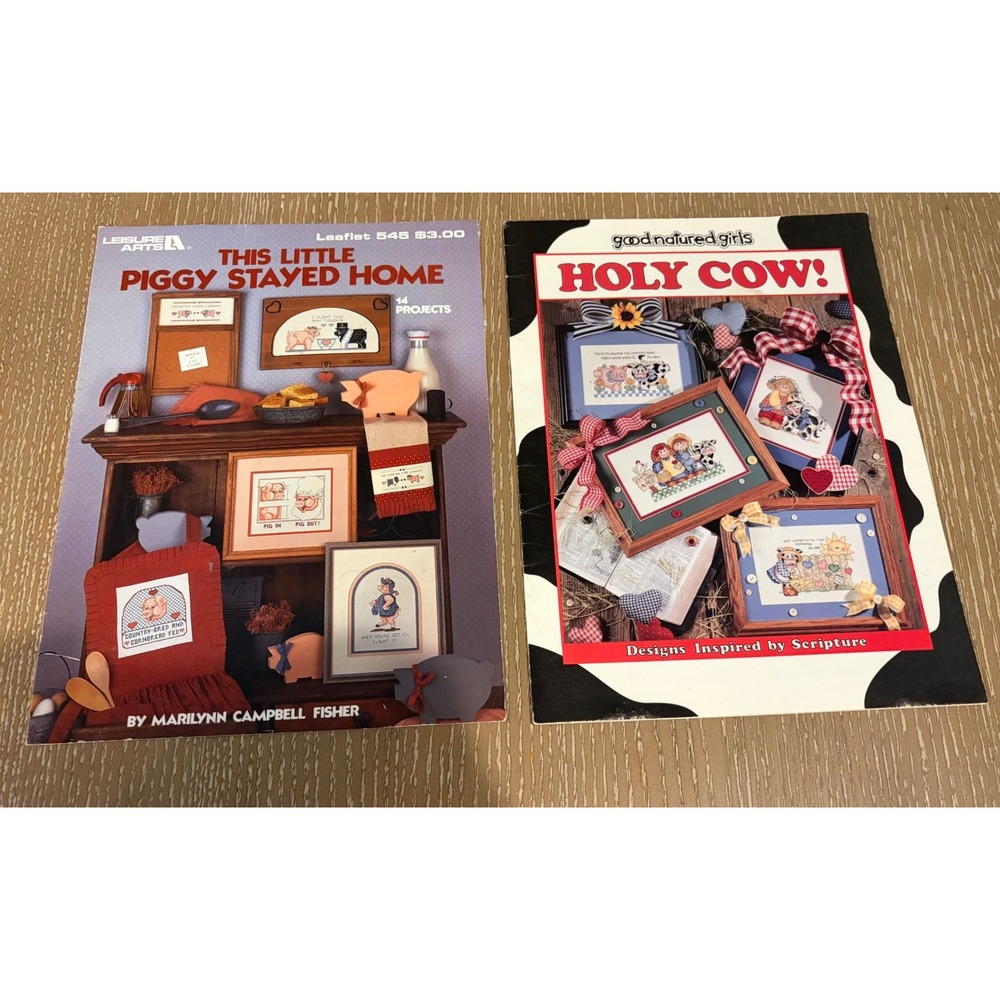 Vintage Cross Stitch Pattern Book Lot Farmhouse Pigs Cows Country Kitchen Decor